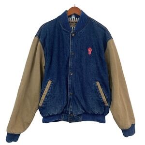 Turning Point VTG Mens L Denim Varsity Bomber Jacket Blue Tan Kenworth Logo